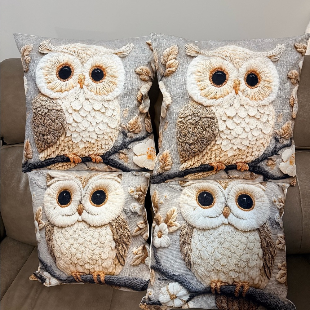 Four New Owl Embroidered Look  Throw Pillows 17” X 17”